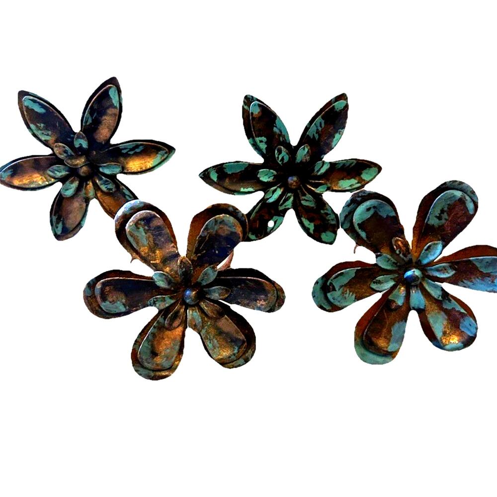 New Set of 4 Metal Flower Napkin Rings Fall Autumn Floral Copper Blue Artsy Boho